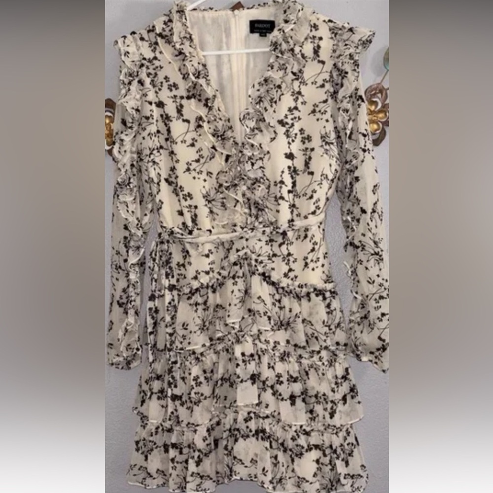 Bardot Alessia Cream Black Floral Long Sleeve Tiered Ruffle Mini Dress Sz 8